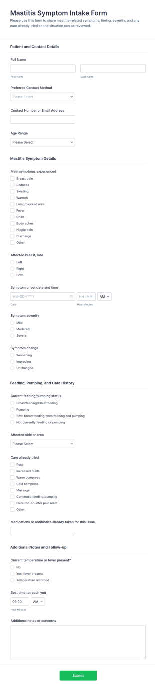 Mastitis Symptom Intake Form Template