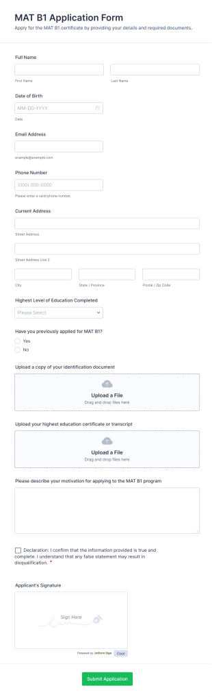 MAT B1 Application Form Template