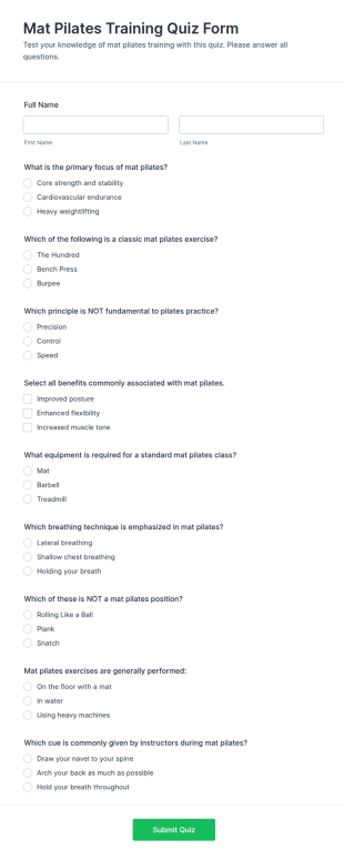 Mat Pilates Training Quiz Form Template
