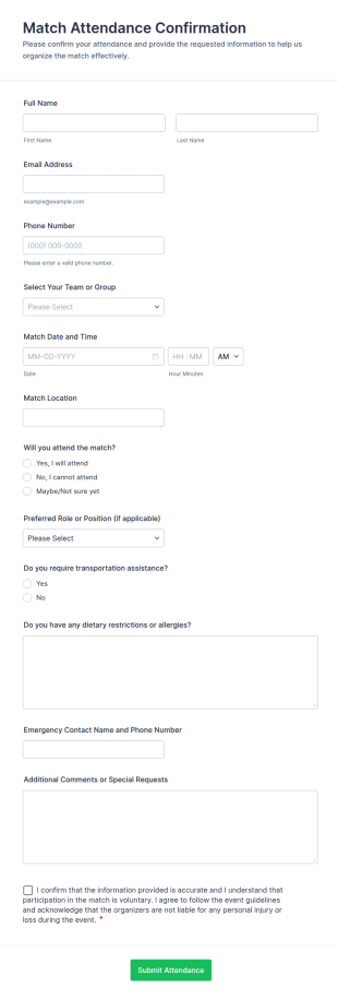 Match Attendance Confirmation Form Template