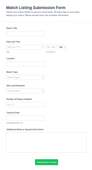 Match Listing Submission Form Template