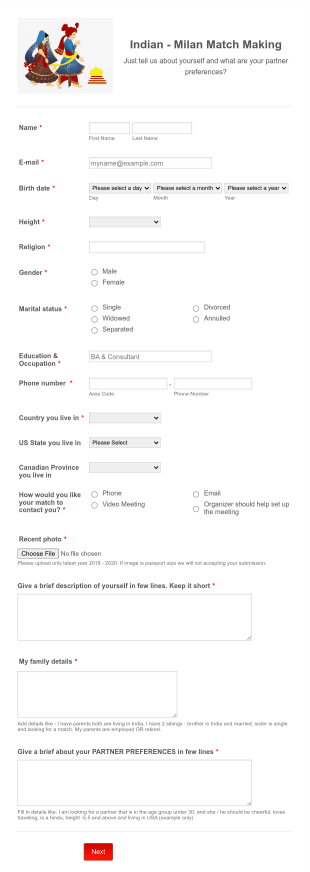 Match Making Matrimony Form Template