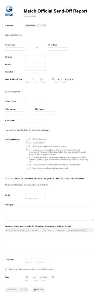 Match Official Send Off Report Form Template
