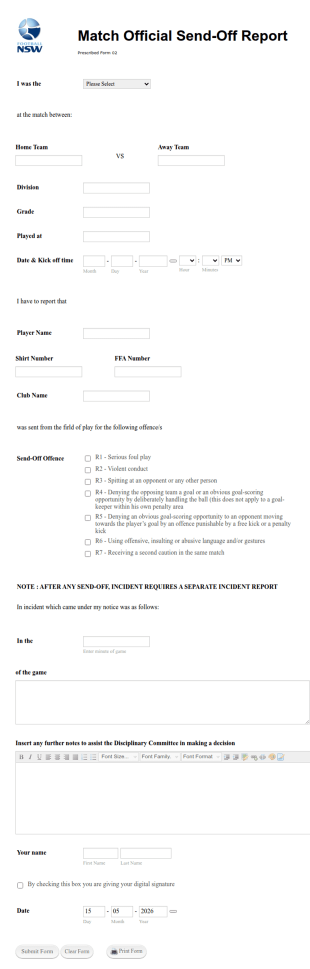 Match Official Send Off Report Form Template