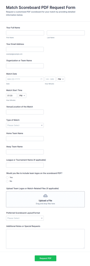 Match Scoreboard PDF Request Form Template
