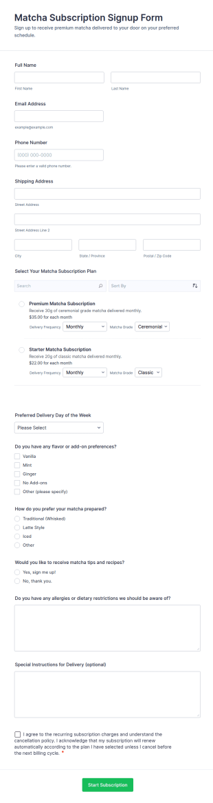 Matcha Subscription Signup Form Template