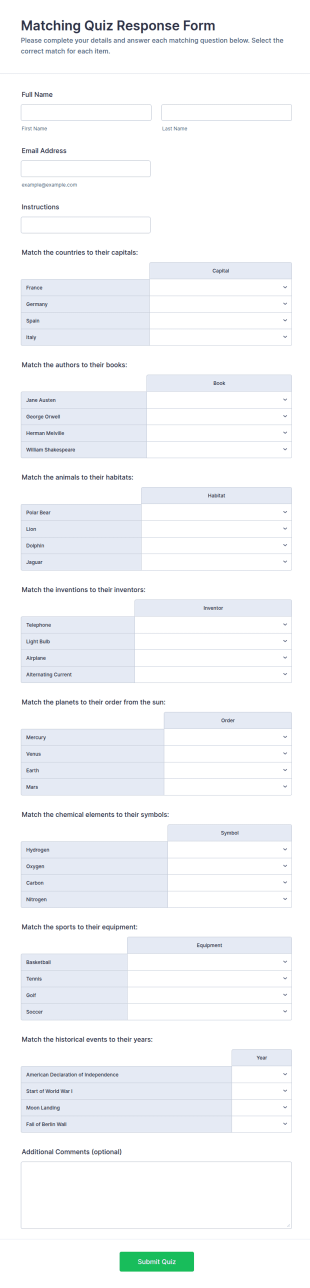 Matching Quiz Response Form Template