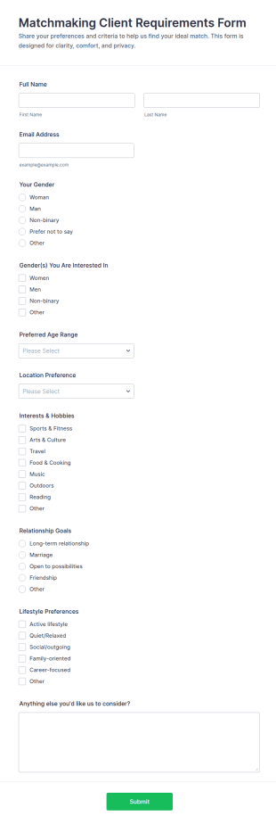 Matchmaking Client Requirements Form Template