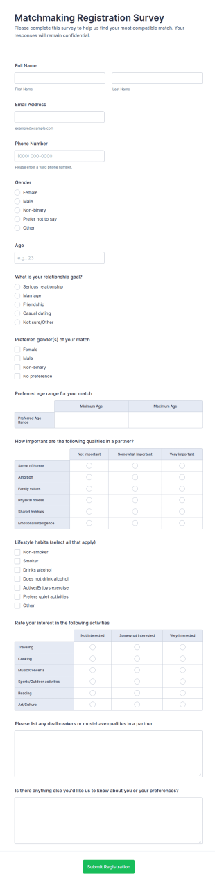 Matchmaking Registration Survey Form Template