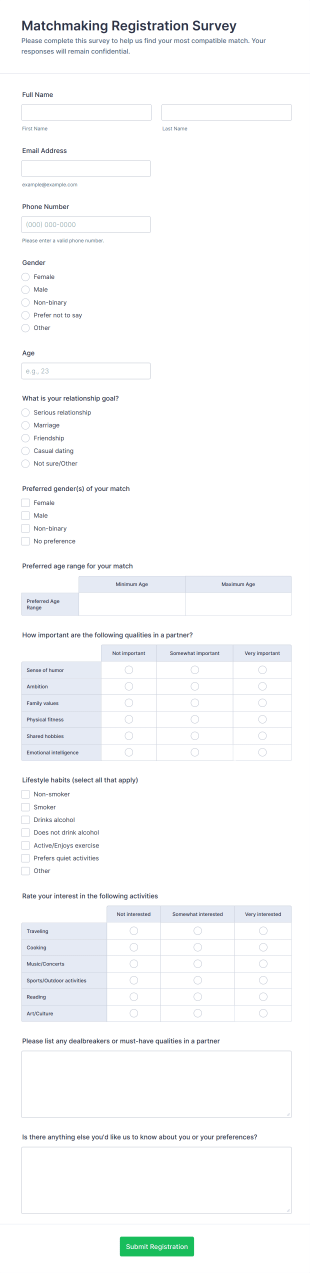 Matchmaking Registration Survey Form Template