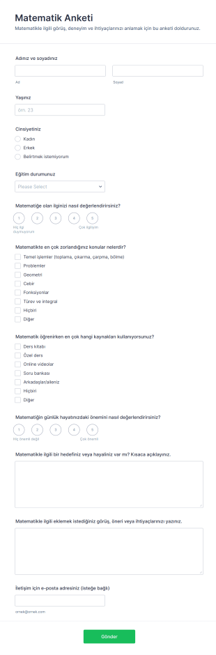 Matematik Anketi Form Template