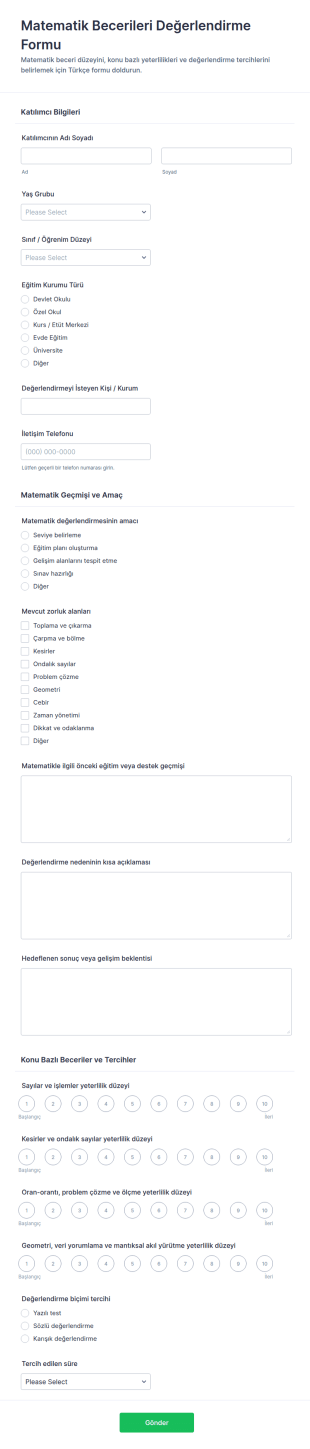 Matematik Becerileri Değerlendirme Form Şablonu