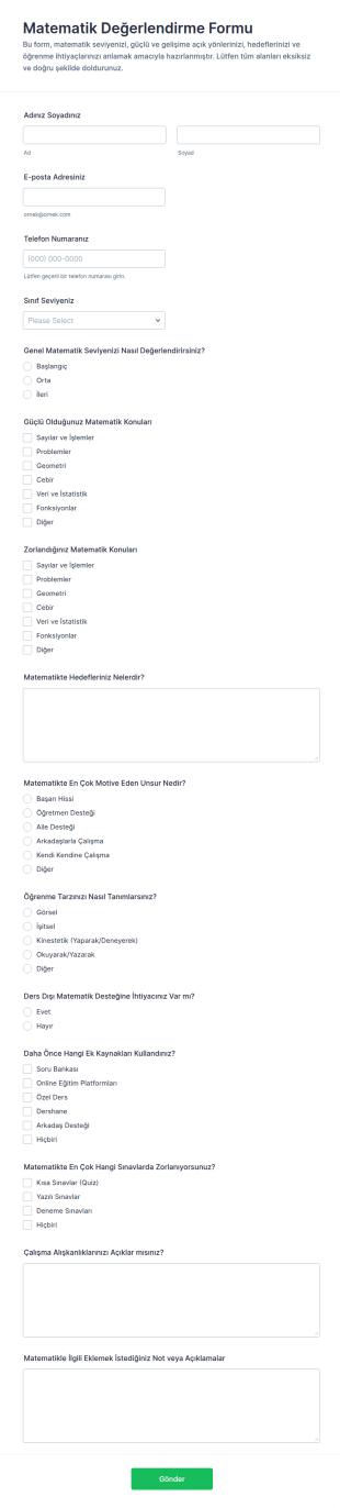 Matematik Değerlendirme Form Şablonu