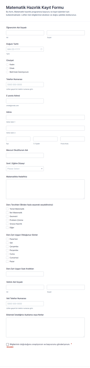 Matematik Hazırlık Kayıt Form Şablonu