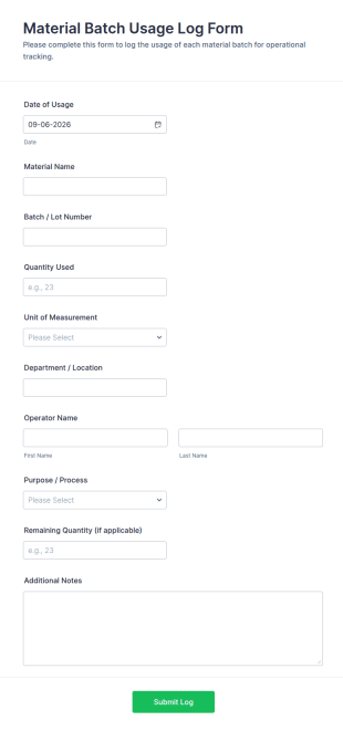 Material Batch Usage Log Form Template