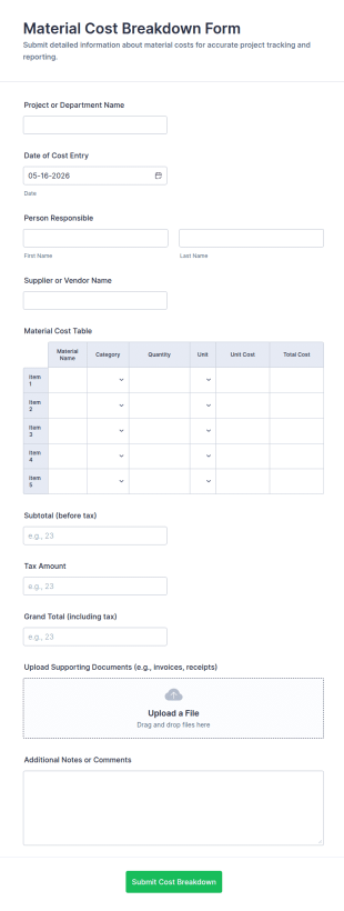 Material Cost Breakdown Form Template