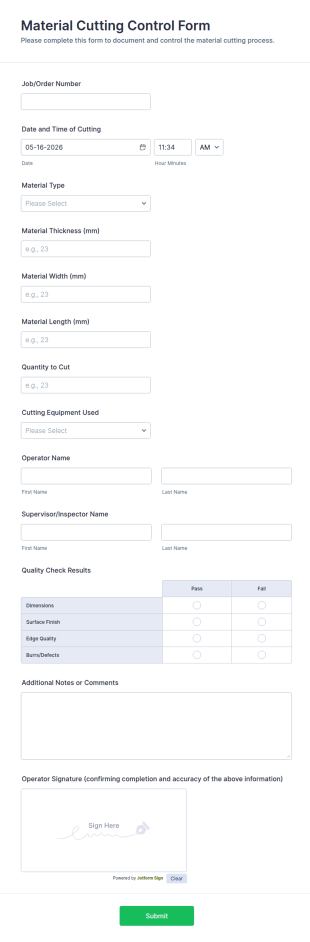 Material Cutting Control Form Template
