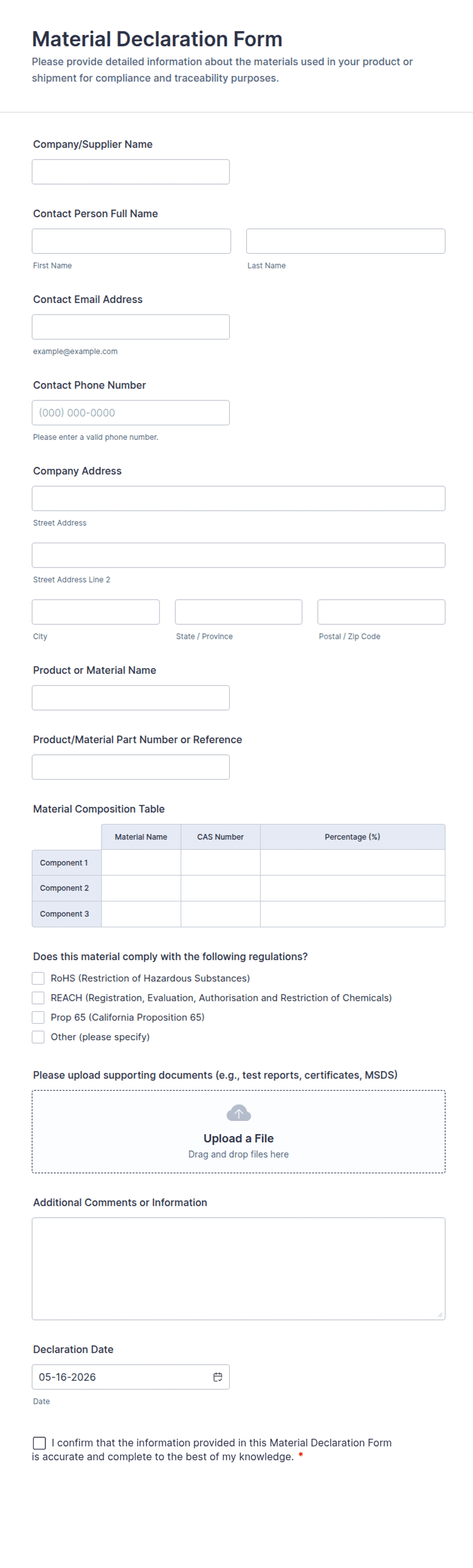 Contoh Declaration Form Material Declaration Form Template | Jotform