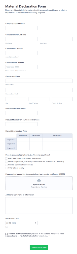 Material Declaration Form Template
