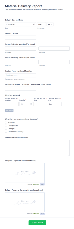 Material Delivery Report Form Template