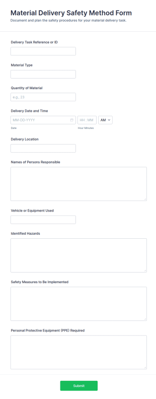 Material Delivery Safety Method Form Template