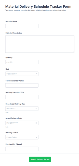 Material Delivery Schedule Tracker Form Template