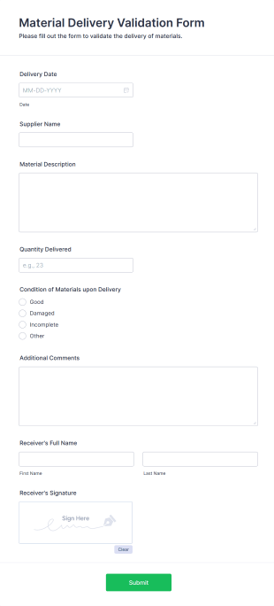 Material Delivery Validation Form Template