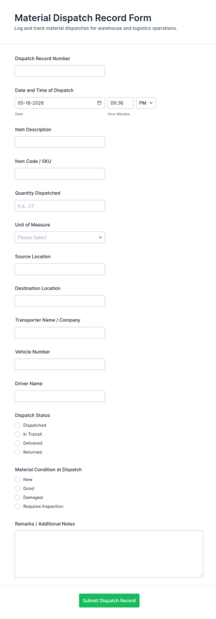 Material Dispatch Record Form Template