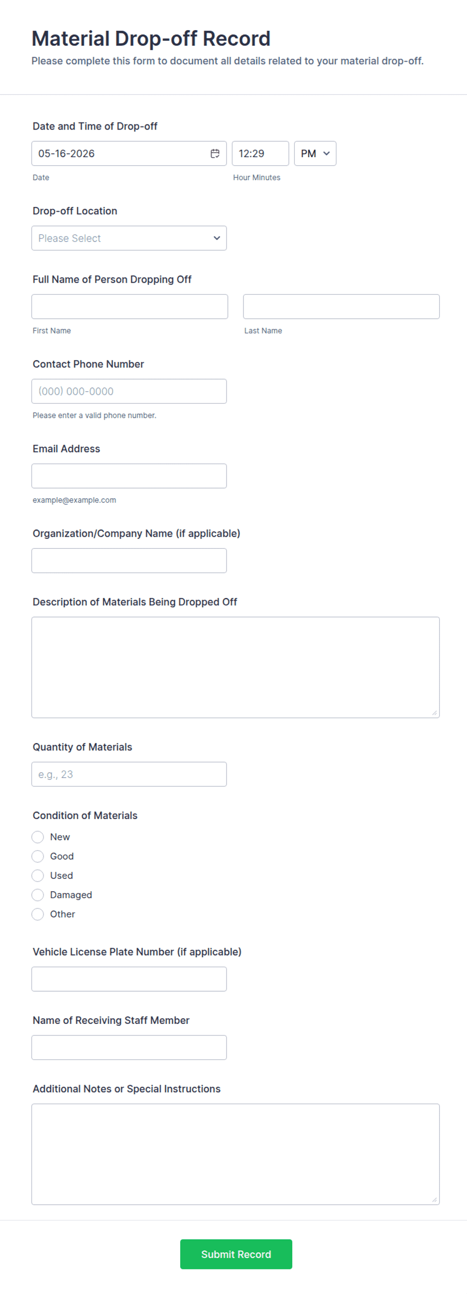 Material Drop-off Record Form Template | Jotform