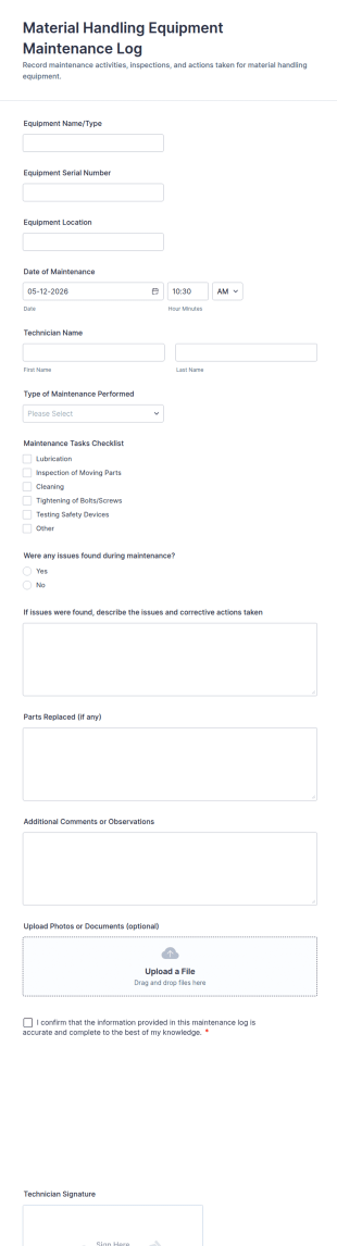 Material Handling Equipment Maintenance Log Form Template