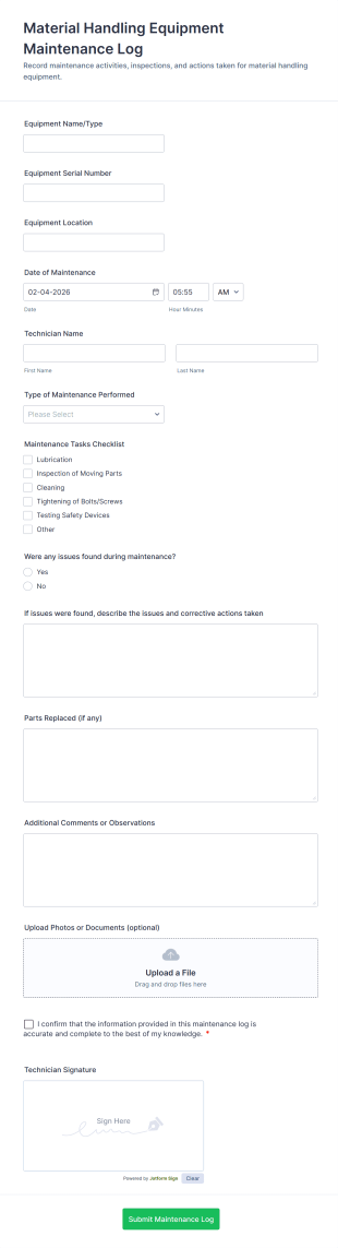 Material Handling Equipment Maintenance Log Form Template