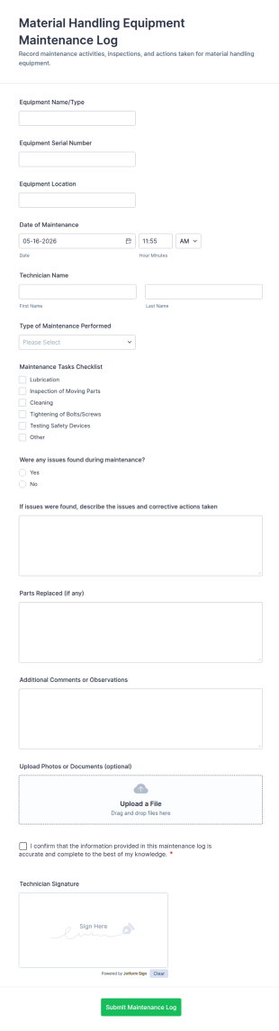 Material Handling Equipment Maintenance Log Form Template