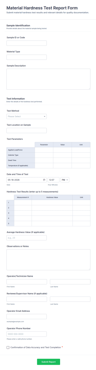 Material Hardness Test Report Form Template