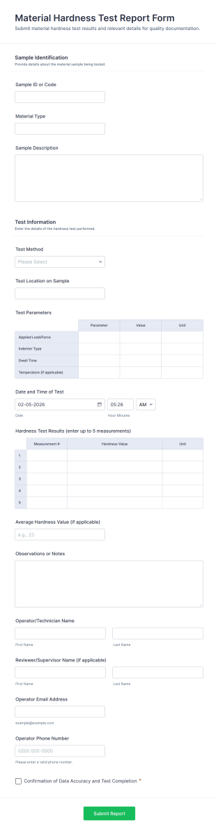 Material Hardness Test Report Form Template