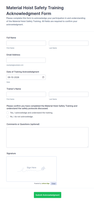 Material Hoist Safety Training Acknowledgment Form Template