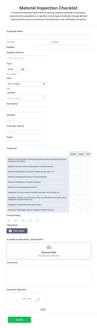Material Inspection Checklist Form Template