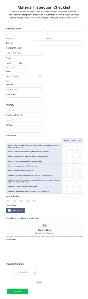 Material Inspection Checklist Form Template