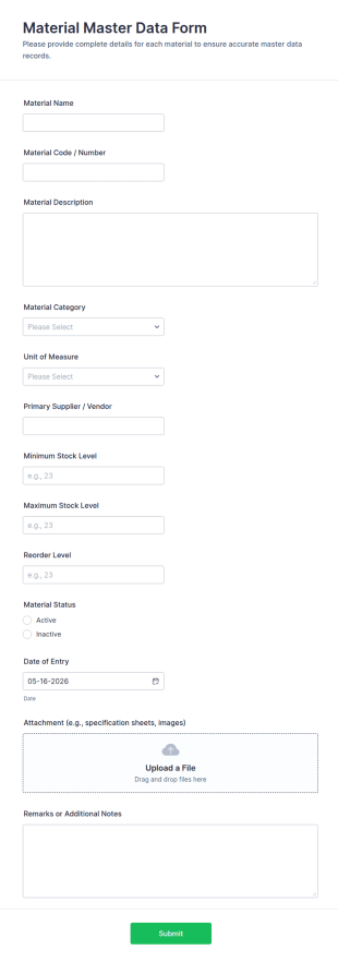 Material Master Data Form Template