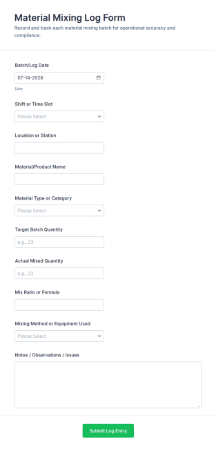 Material Mixing Log Form Template