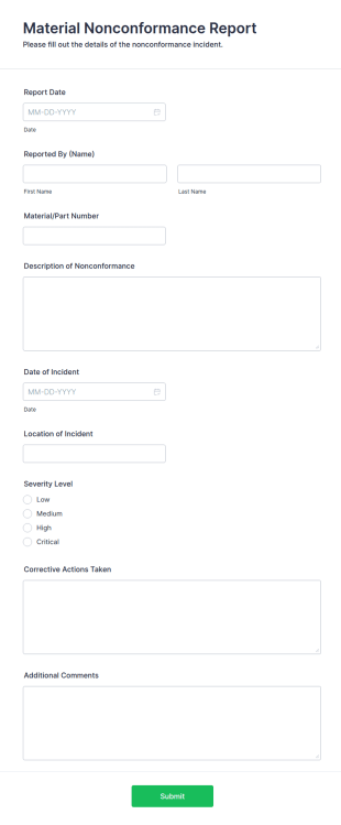 Material Nonconformance Report Form Template