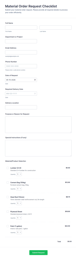 Material Order Request Checklist Form Template