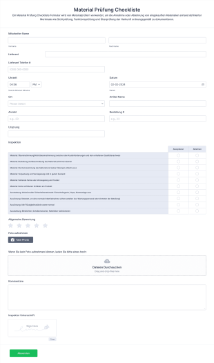 Material Prüfung Checkliste Form Template