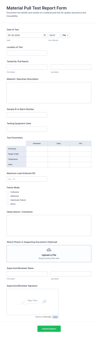 Material Pull Test Report Form Template