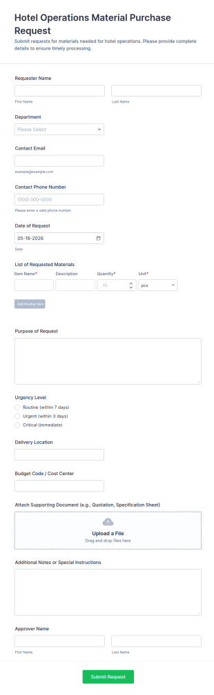 Material Purchase Request Form For Hotel Operations