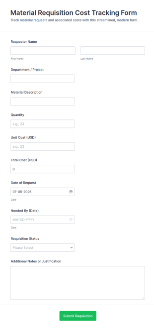 Material Requisition Cost Tracking Form Template