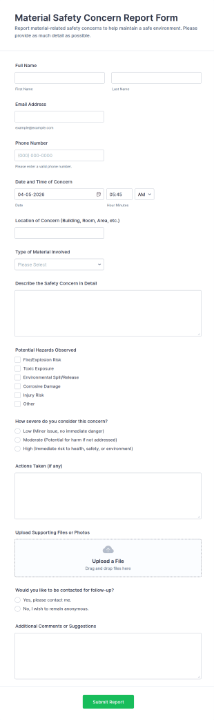 Material Safety Concern Report Form Template