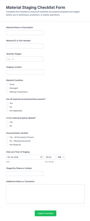 Material Staging Checklist Form Template