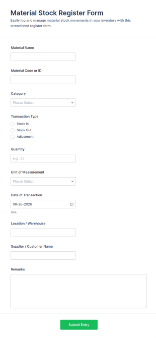 Material Stock Register Form Template