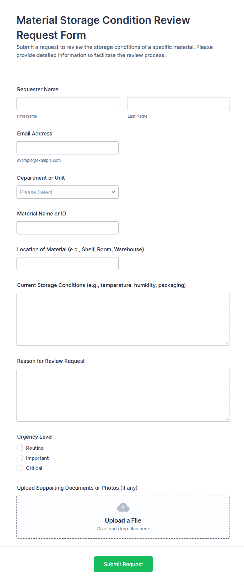 Material Storage Condition Review Request Form Template | Jotform