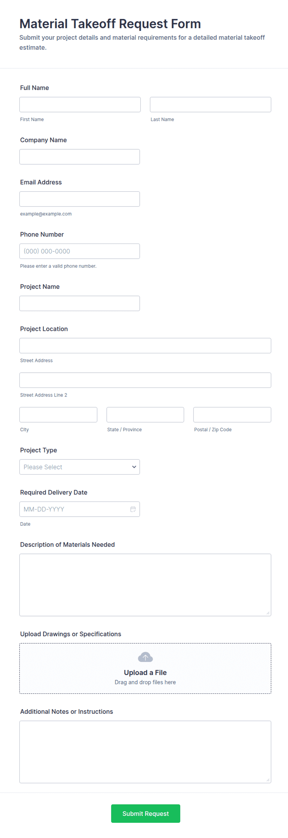 Material Takeoff Request Form Template | Jotform